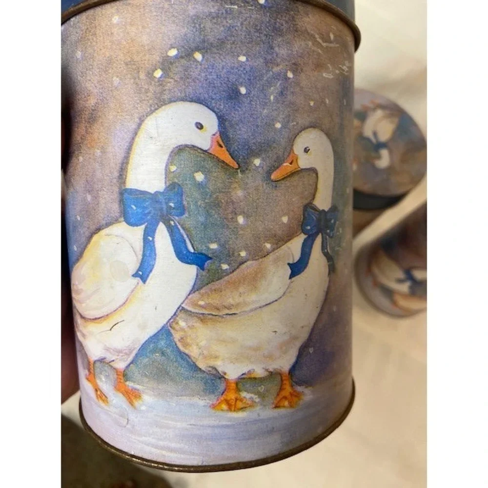 Vintage Goose Nesting Tins Set of 3 Blue Bow Country Kitchen Decor Canisters